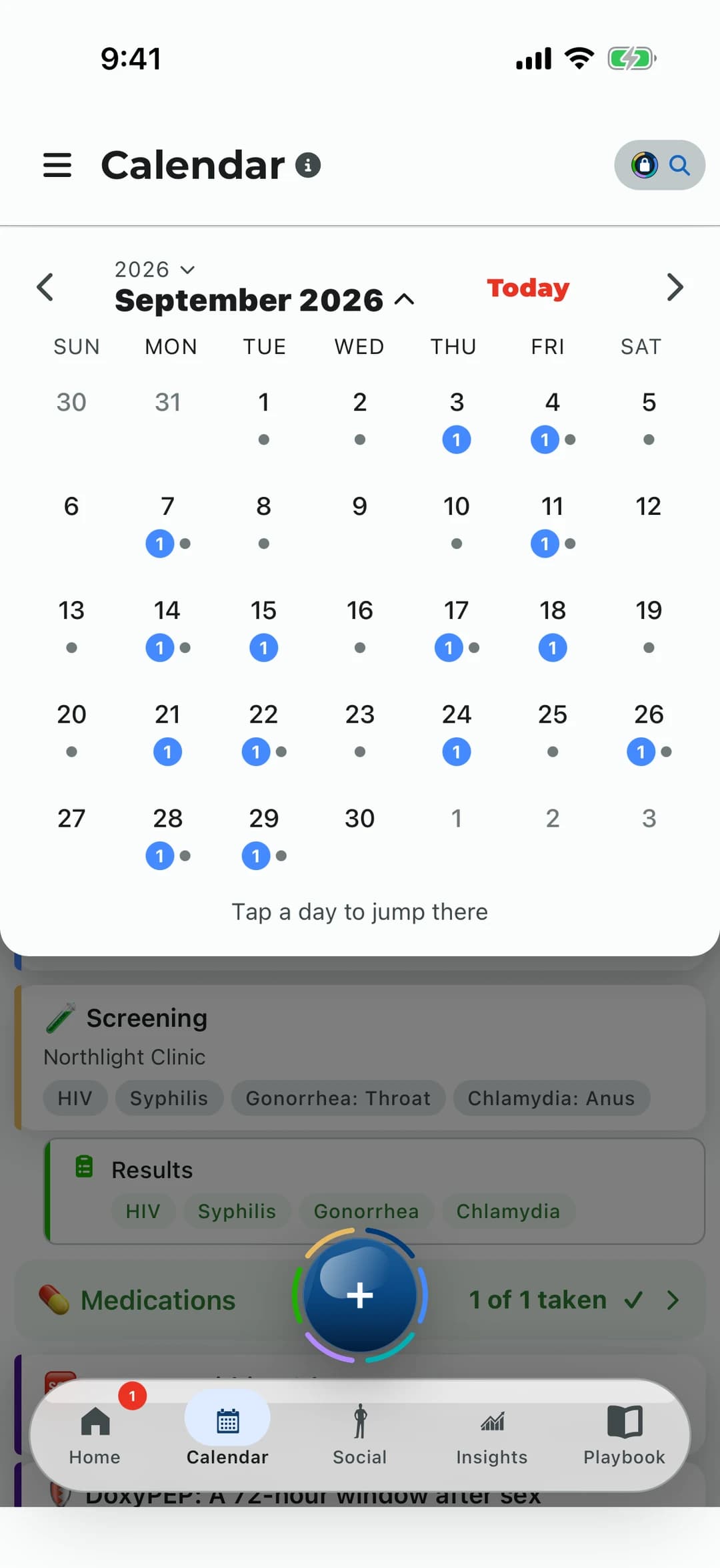 A grid of days, marked where something was logged