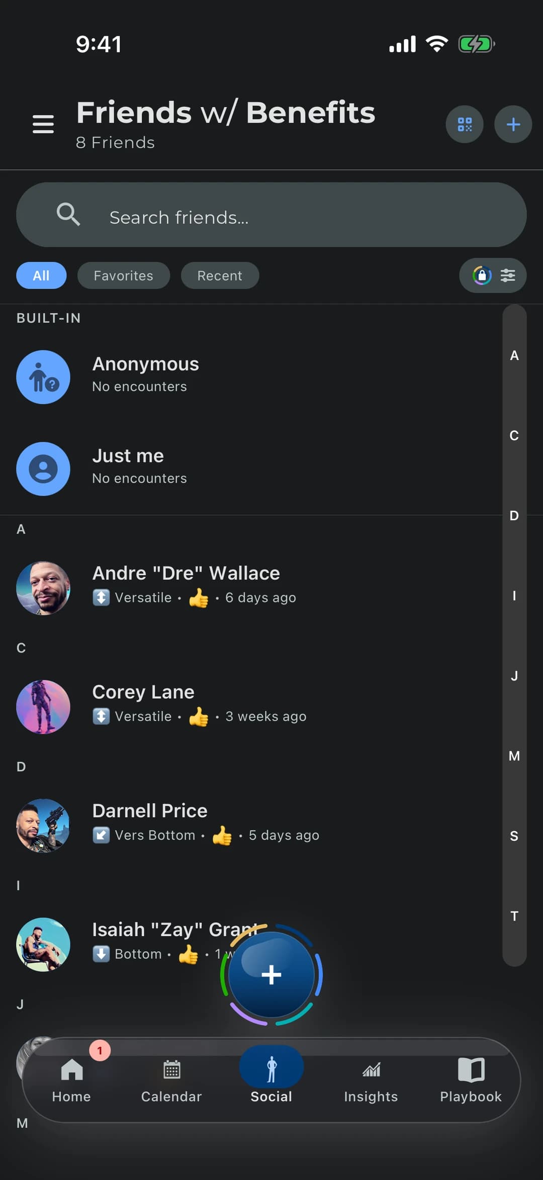 A list of friends with their photos, grouped by first letter