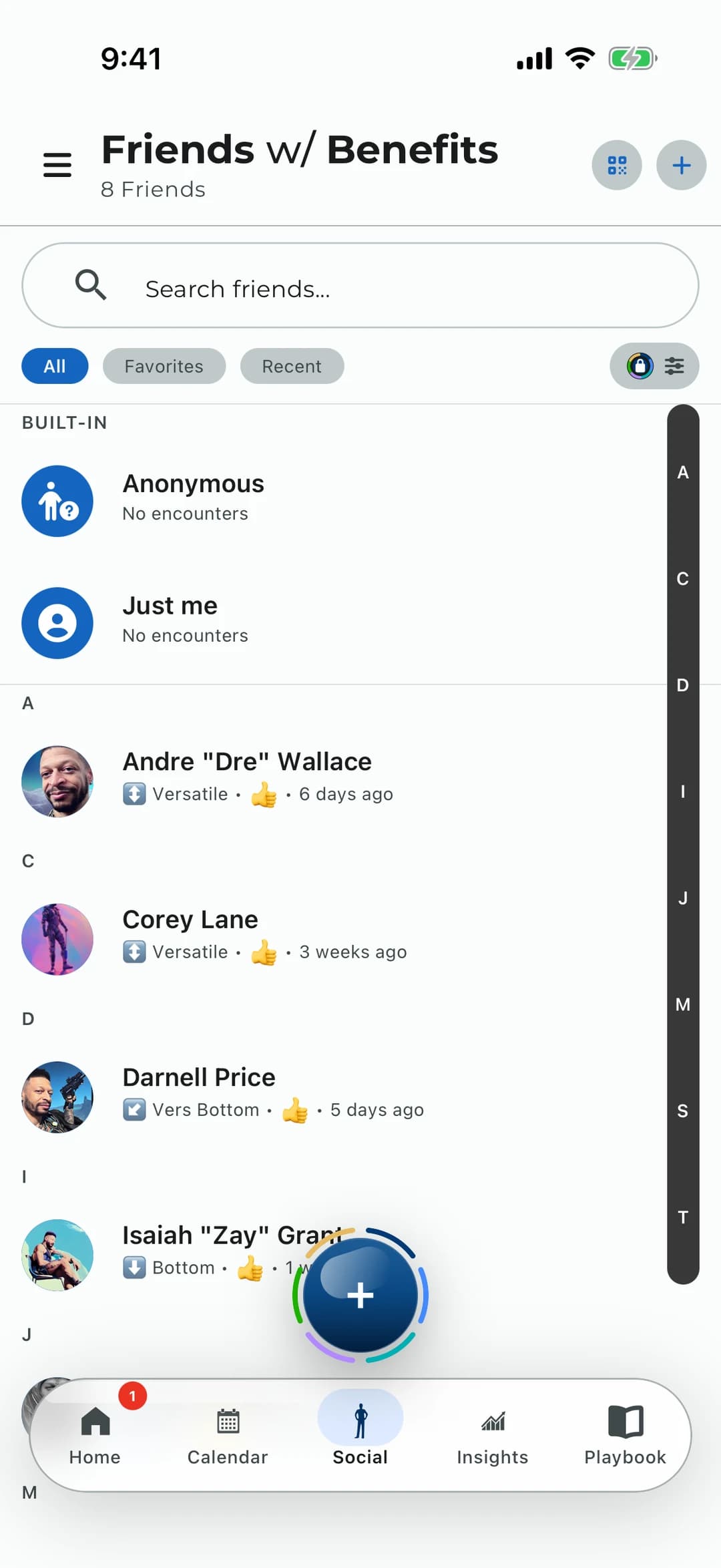 A list of friends with their photos, grouped by first letter